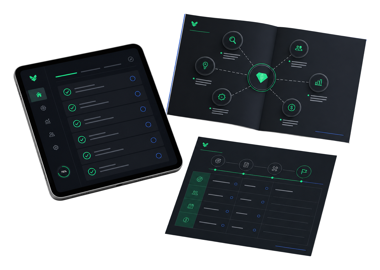 Mockups do material: páginas internas, checklist, mapa de oportunidades e plano de ação